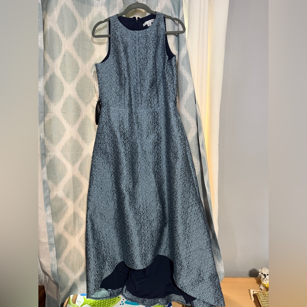 NWOT. Kay Unger Girls' Navy Floral Textured HiLo Gown. - Picture 4 of 13